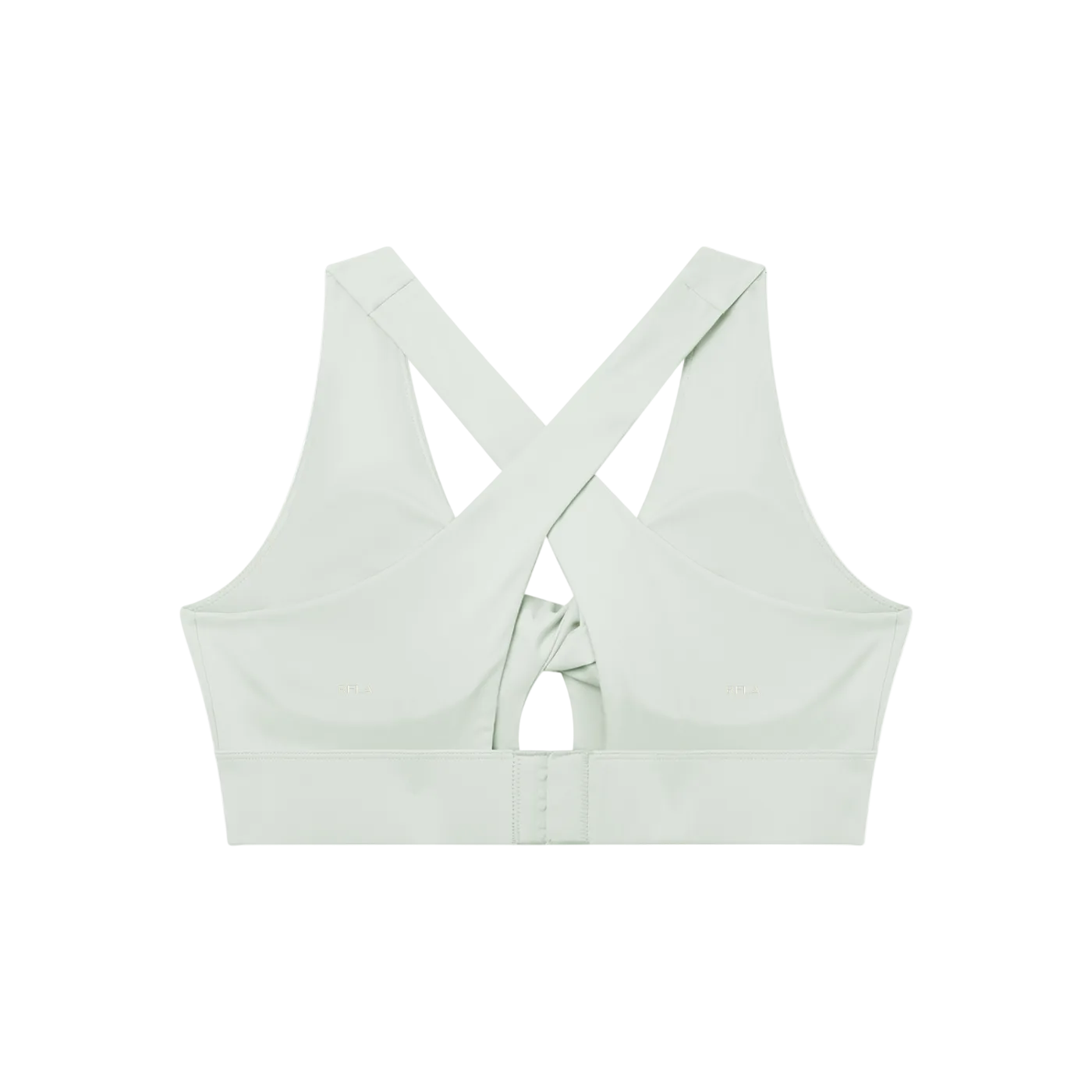 Back view of khaki sports bra with wide crossed straps, twist keyhole at center back and hook-and-eye band