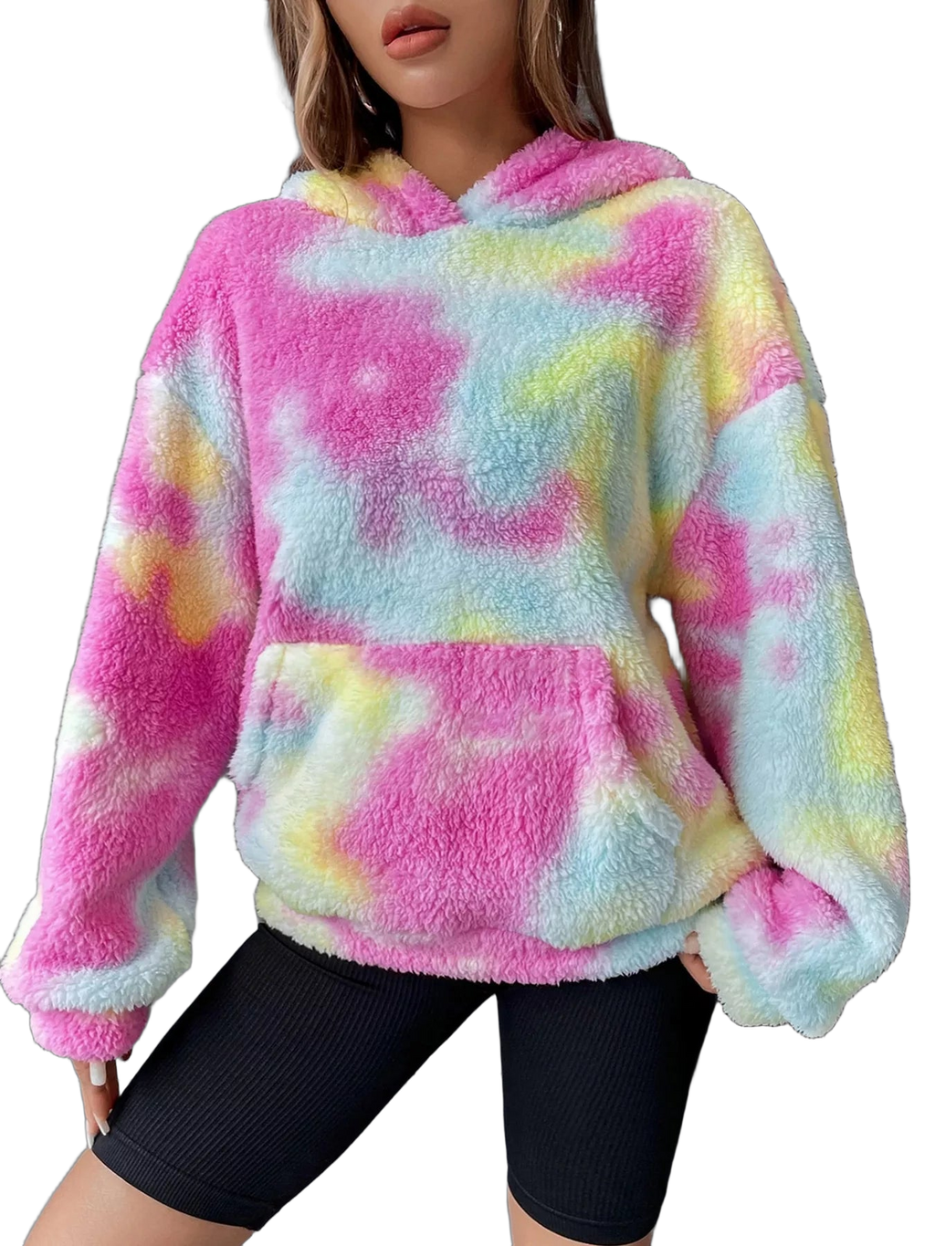 Fuzzy tie-dye hooded pullover with kangaroo pocket and drop shoulders in pink, blue and yellow