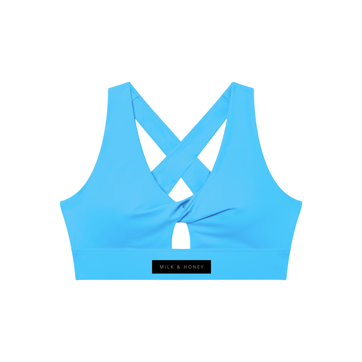Blue sports bra with crossed back straps, center keyhole and wide elastic band labeled MILK & HONEY