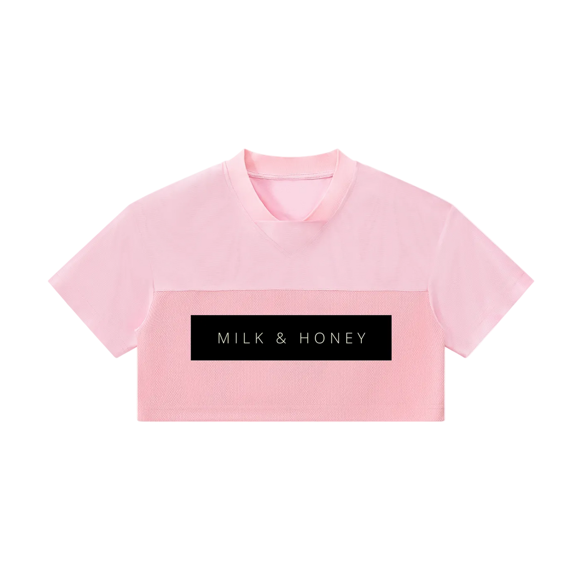 Pink cropped V-neck short-sleeve top with two-panel texture and black rectangular 'MILK & HONEY' logo