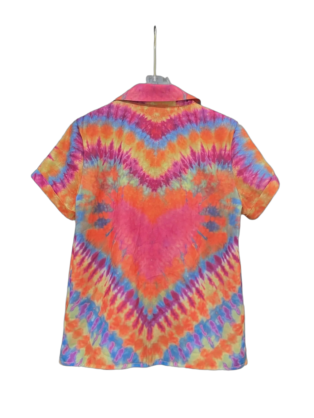Back of short-sleeve button-up shirt on hanger with pink, orange, blue and yellow tie-dye chevron pattern