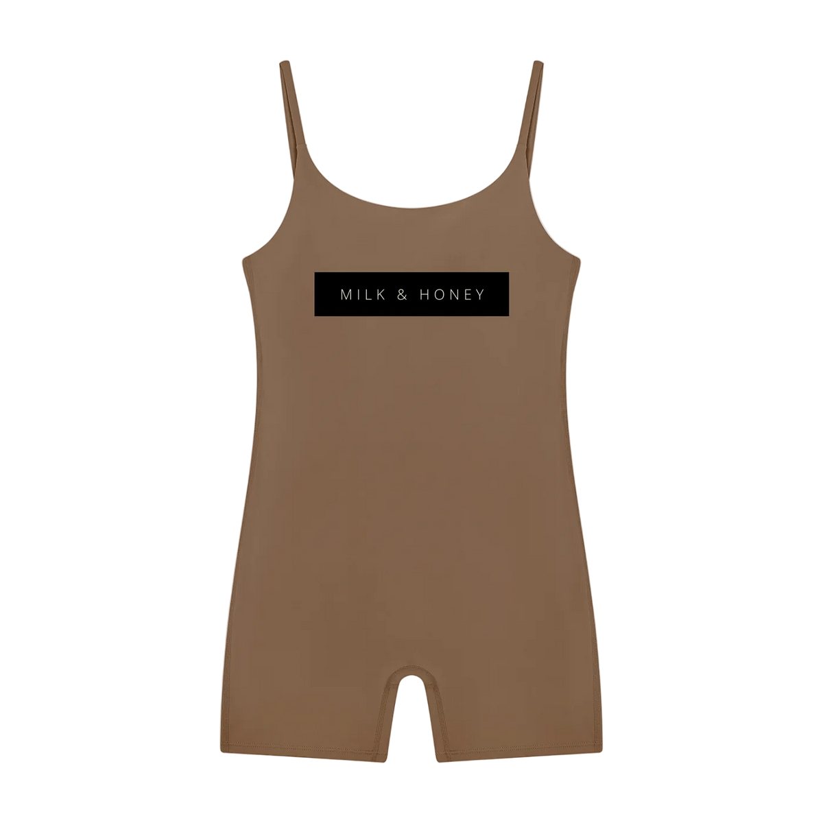 Brown sleeveless U-neck romper with thin straps and centered black 'MILK & HONEY' chest box, short legs