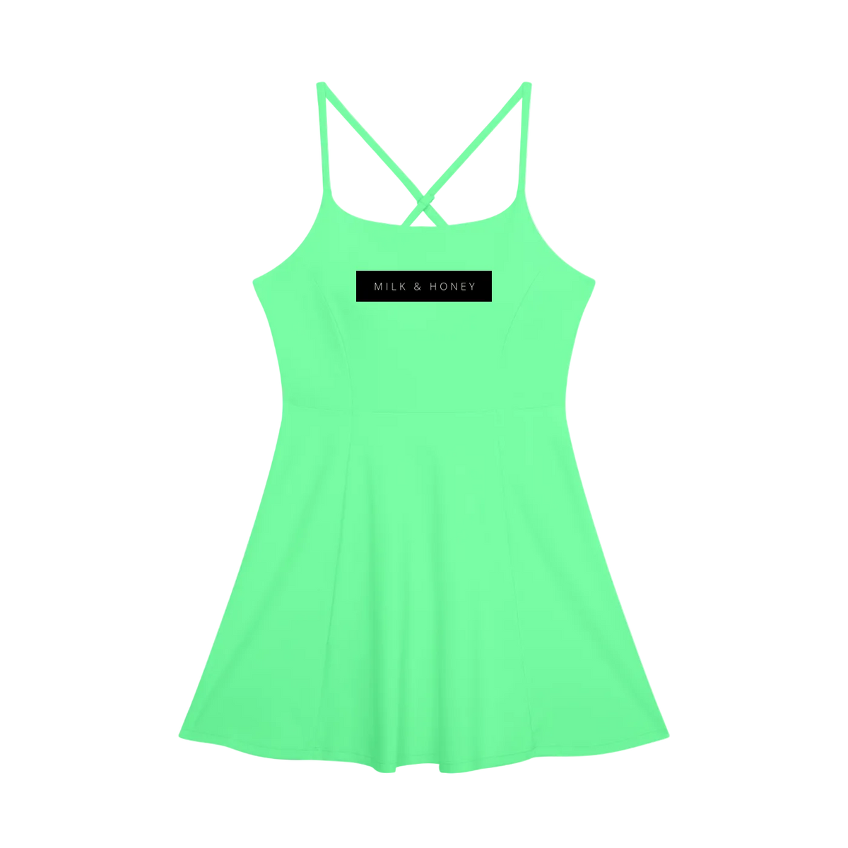 mint green sleeveless A-line dress with thin crossed shoulder straps and rectangular 'MILK & HONEY' chest label