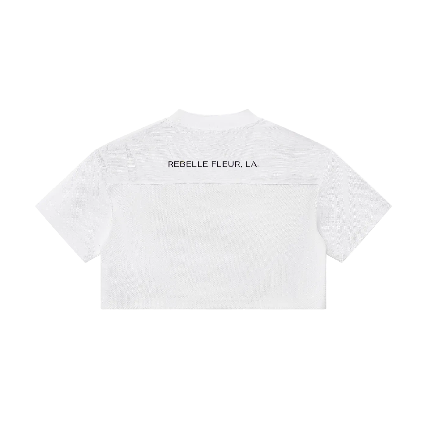 White cropped short-sleeve top back view with 'REBELLE FLEUR, LA' printed on upper back
