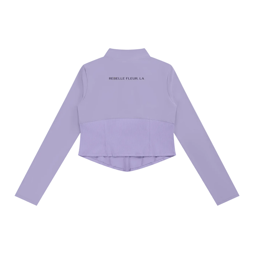 Back view of light lavender cropped long-sleeve jacket with stand collar, ribbed lower panel and 'REBELLE FLEUR, LA' text