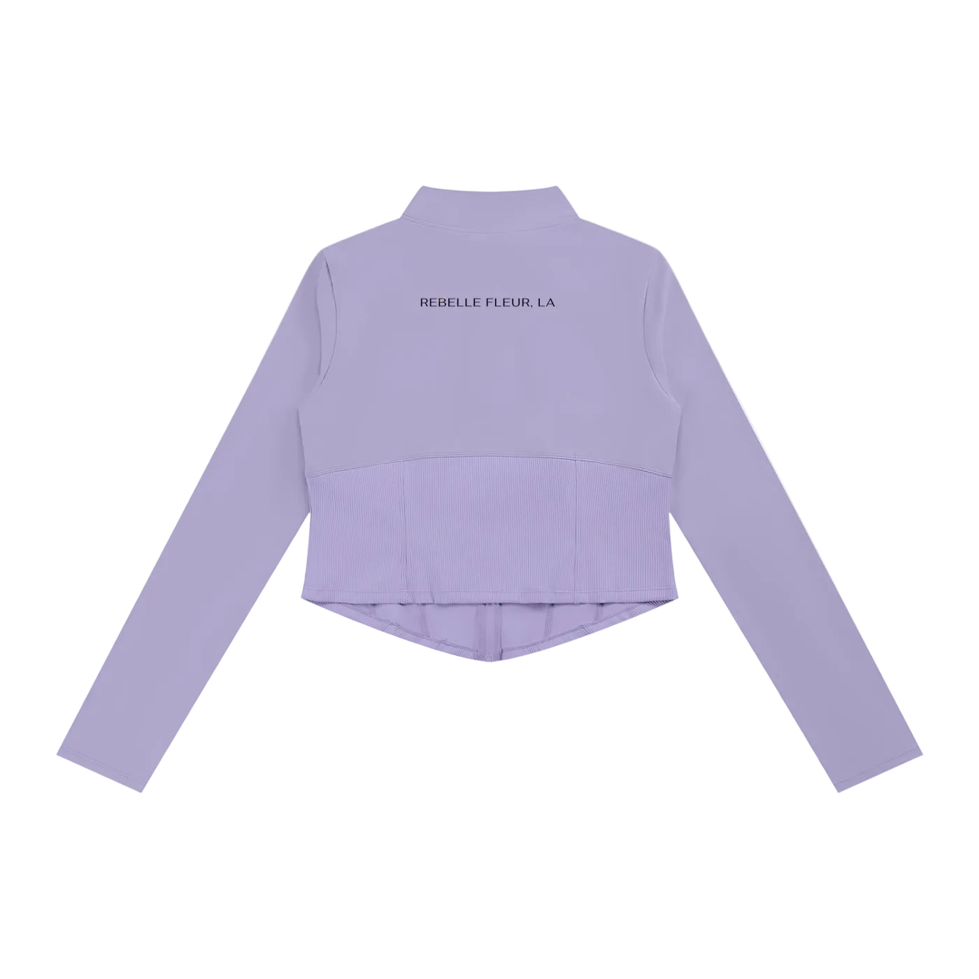 Back view of light lavender cropped long-sleeve jacket with stand collar, ribbed lower panel and 'REBELLE FLEUR, LA' text