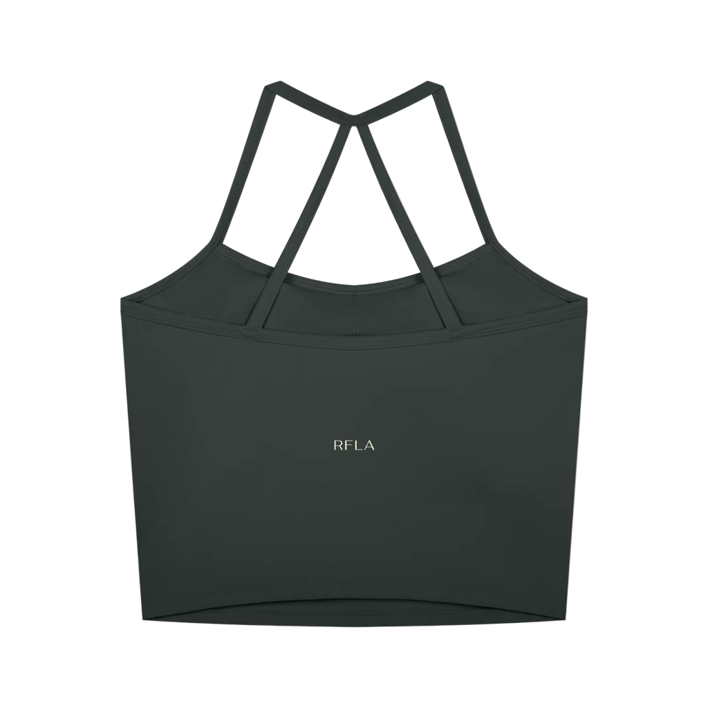 Gray cropped tank with thin crisscross back straps and small centered RFLA logo