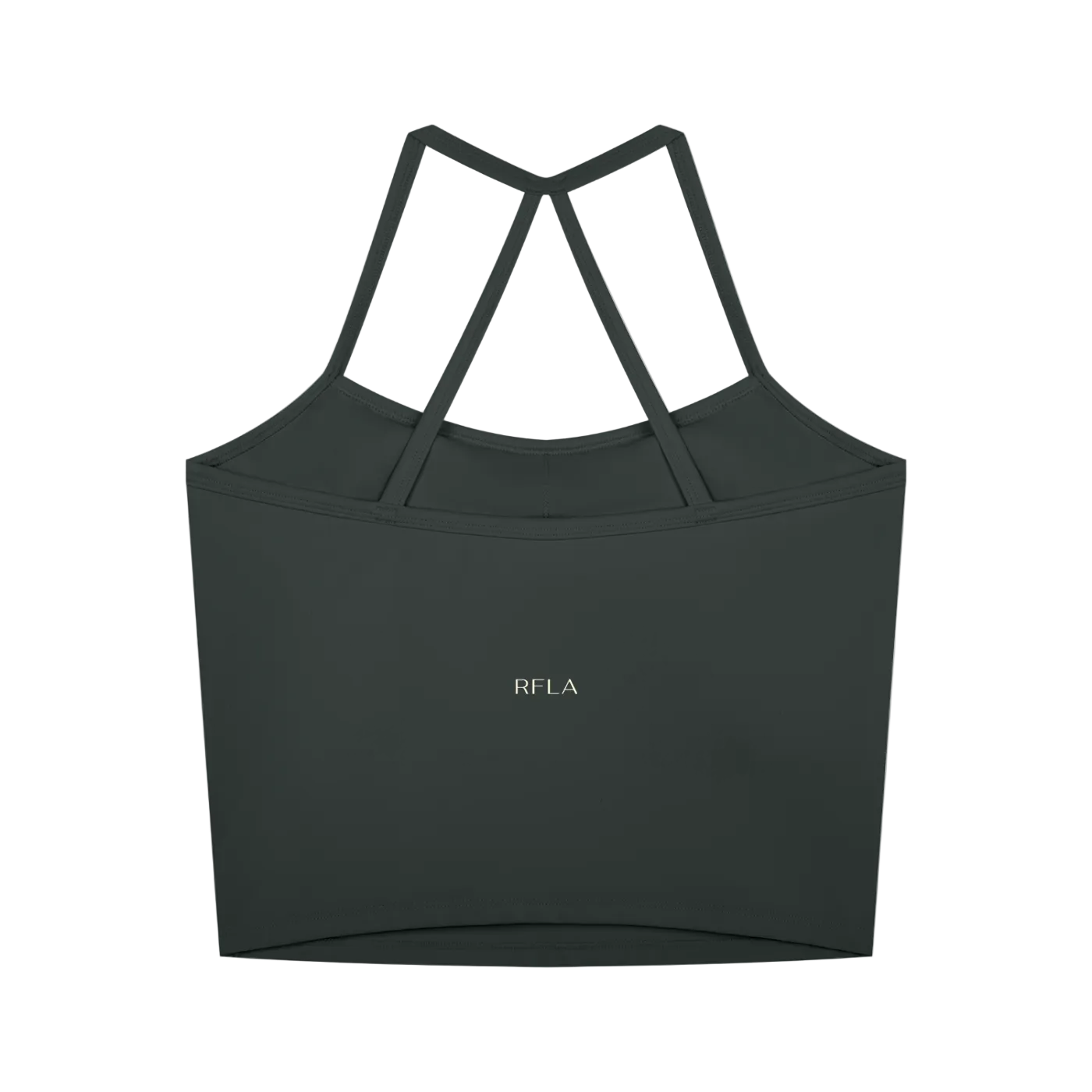 Gray cropped tank with thin crisscross back straps and small centered RFLA logo