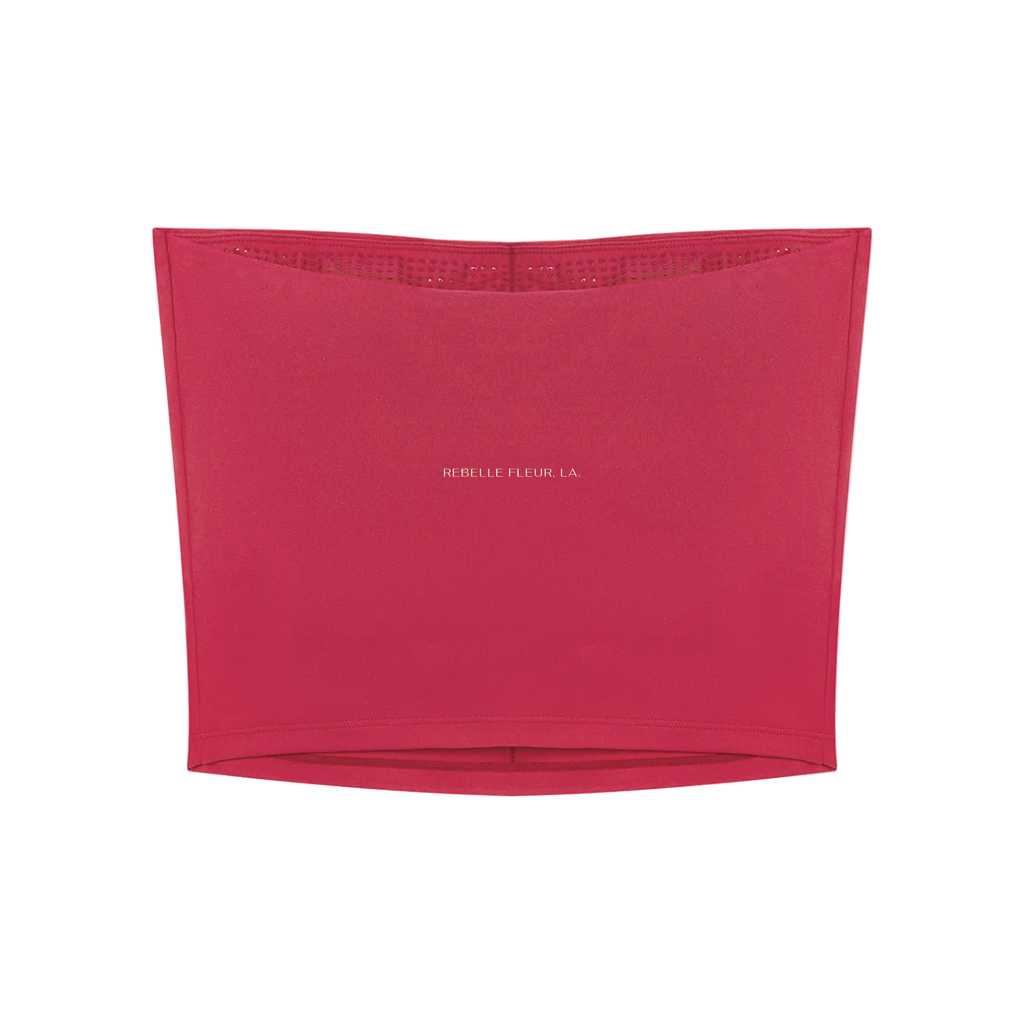 Rose red cropped tube top with straight upper edge and small centered REBELLE FLEUR, LA logo