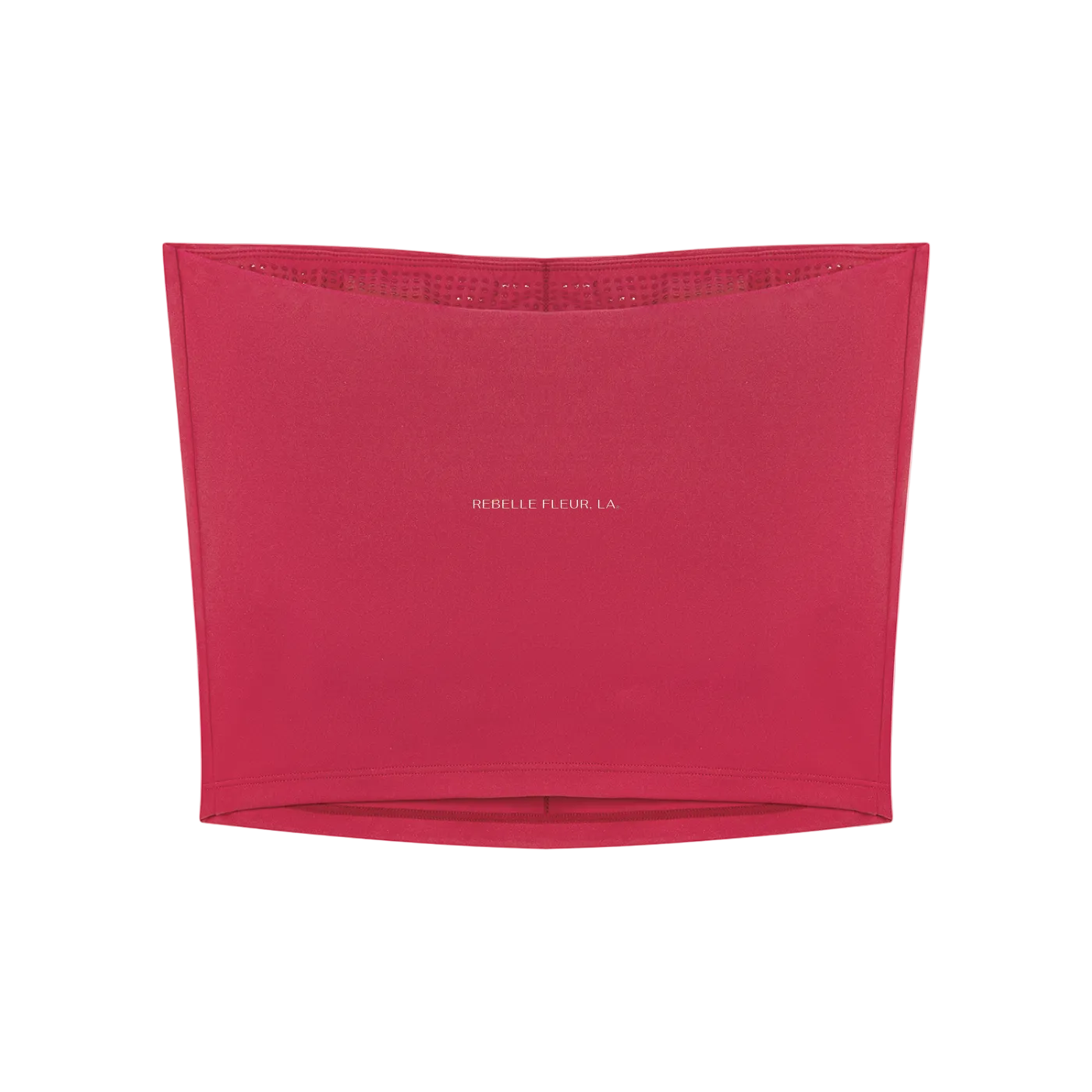 Rose red cropped tube top with straight upper edge and small centered REBELLE FLEUR, LA logo