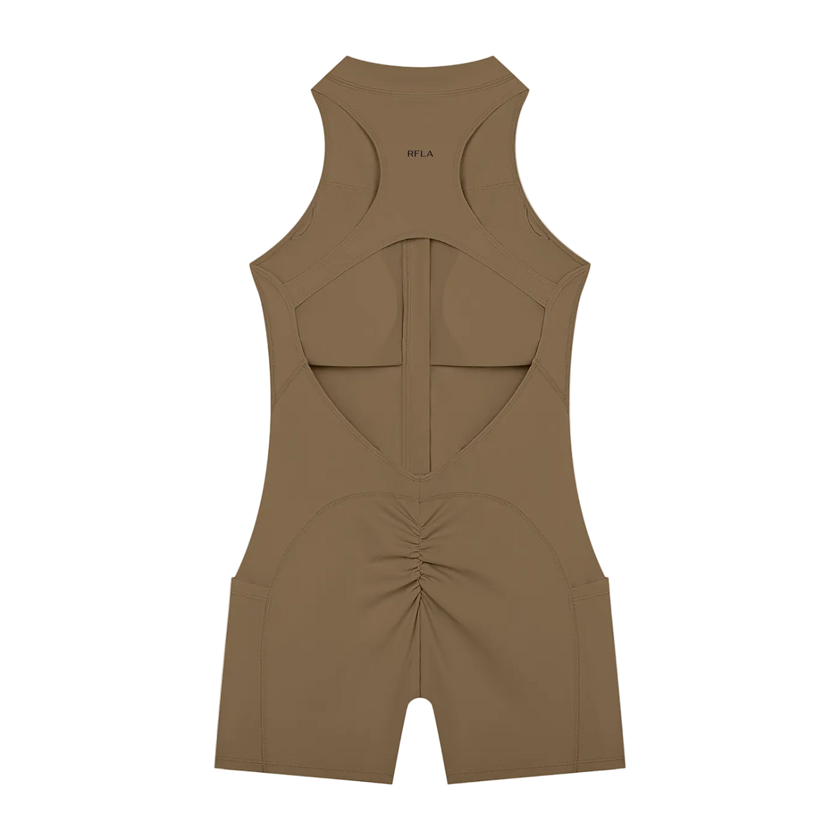 Back view of sleeveless racerback romper in brown with large back cutout, vertical center seam, ruched rear and small…