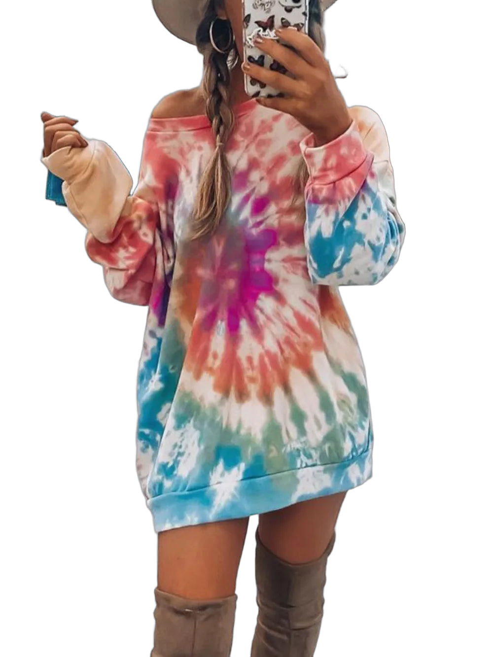 Off-shoulder long-sleeve tie-dye mini dress with pink, blue and orange swirl and over-the-knee boots
