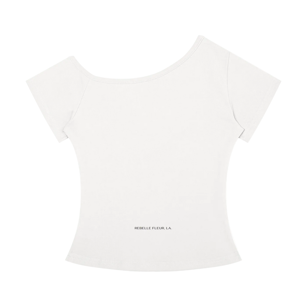 White off-the-shoulder short-sleeve fitted t-shirt with small 'REBELLE FLEUR, LA.' text near hem