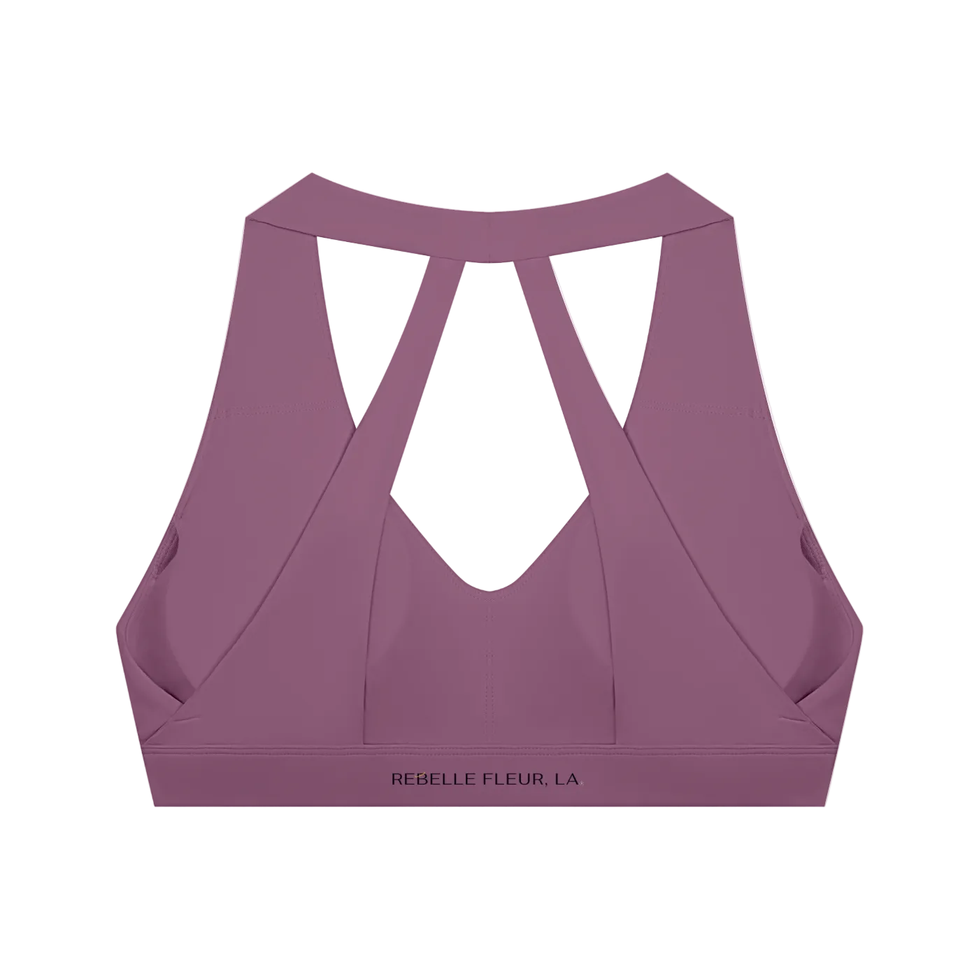 Plum purple cropped sports bra with crossed racerback straps, V-shaped back cutout and elastic underbust band with brand…