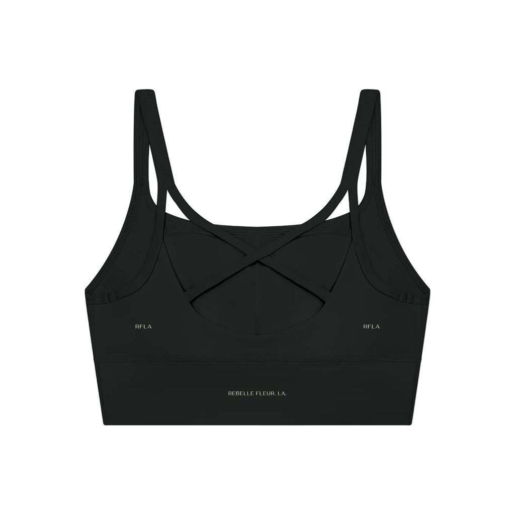 Cropped women's tank with thin shoulder straps and crisscross back straps, small 'REBELLE FLEUR, LA.' and 'RFLA' prints