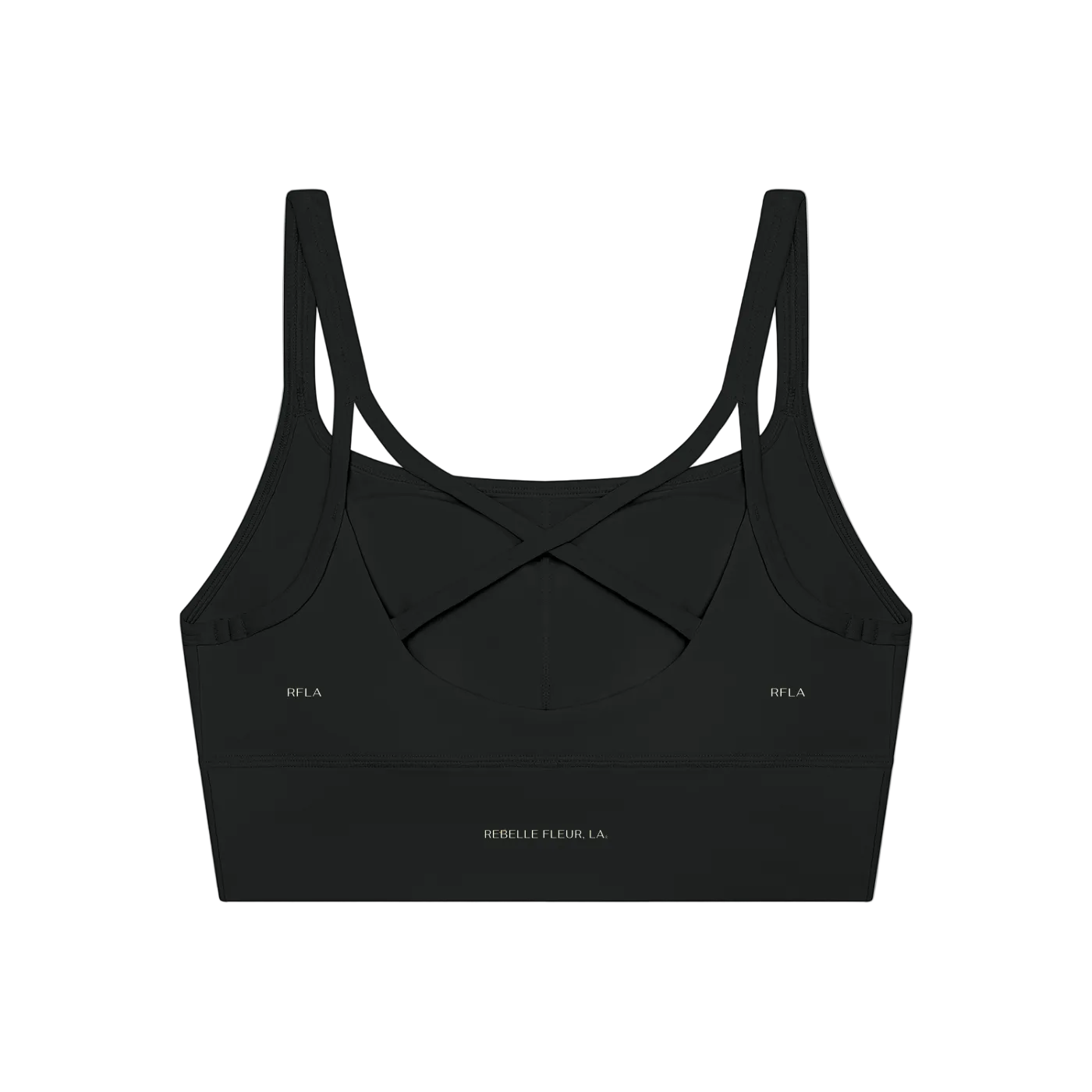 Cropped women's tank with thin shoulder straps and crisscross back straps, small 'REBELLE FLEUR, LA.' and 'RFLA' prints