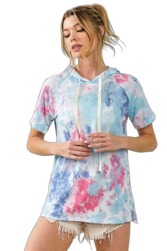 Short-sleeve aqua tie-dye terry hoodie with white drawstrings and pink and blue splotches