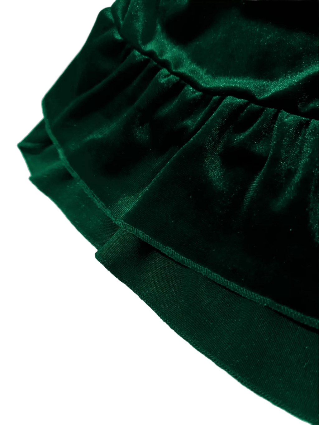 Close-up of ruffled velvet skirt tiers with gathered waistband and seam detail