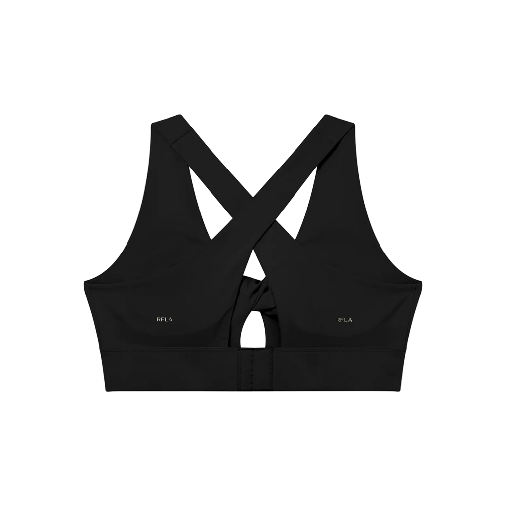 Back of black sports bra with crossed straps, wide elastic underband and two small 'RFLA' logos