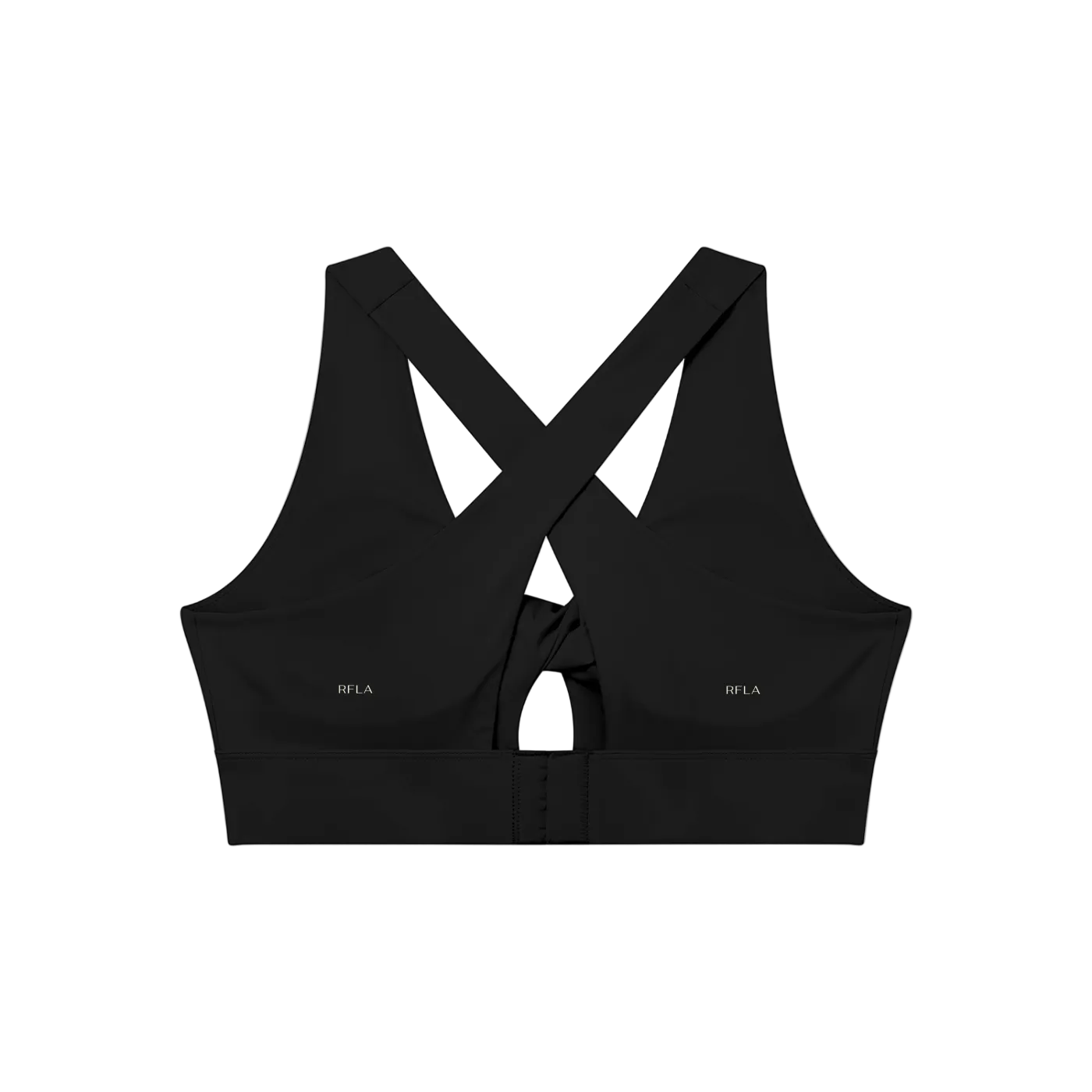 Back of black sports bra with crossed straps, wide elastic underband and two small 'RFLA' logos