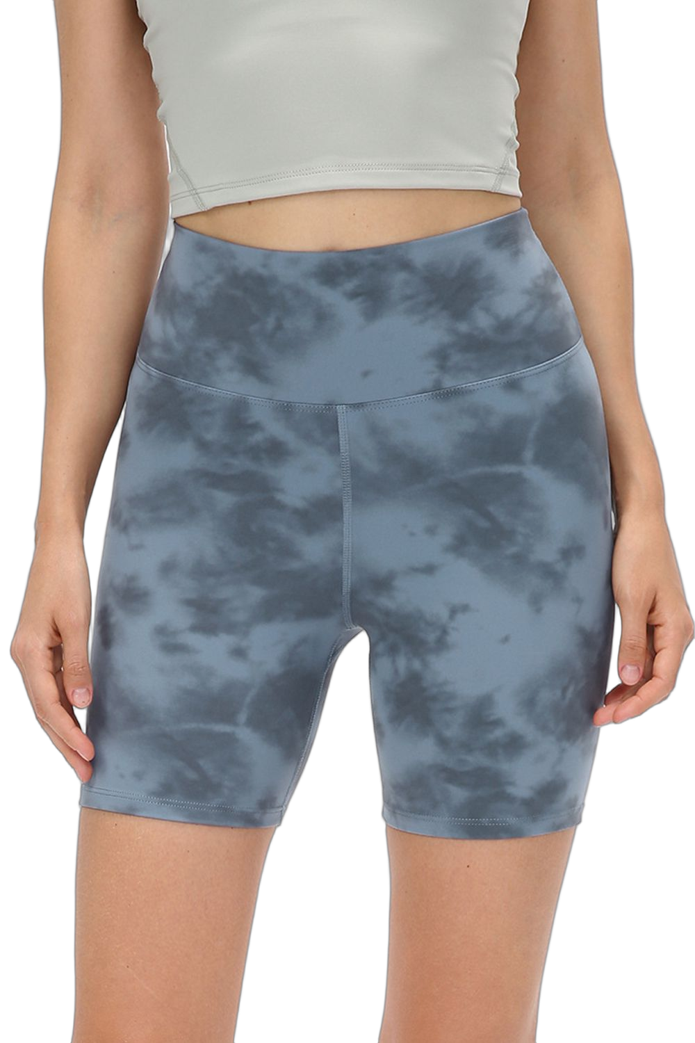 High-waist dusty blue tie-dye biker shorts with wide waistband, mid-thigh length and center front seam