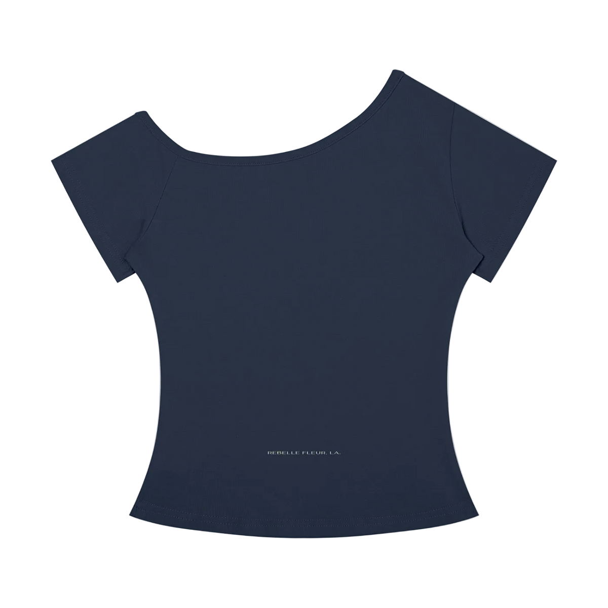 Off-the-shoulder women's short-sleeve T-shirt with asymmetrical neckline and small centered 'REBELLE FLEUR. LA' logo near hem