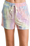 Pastel tie-dye French terry shorts with elastic waistband, white twill drawstring and side pockets