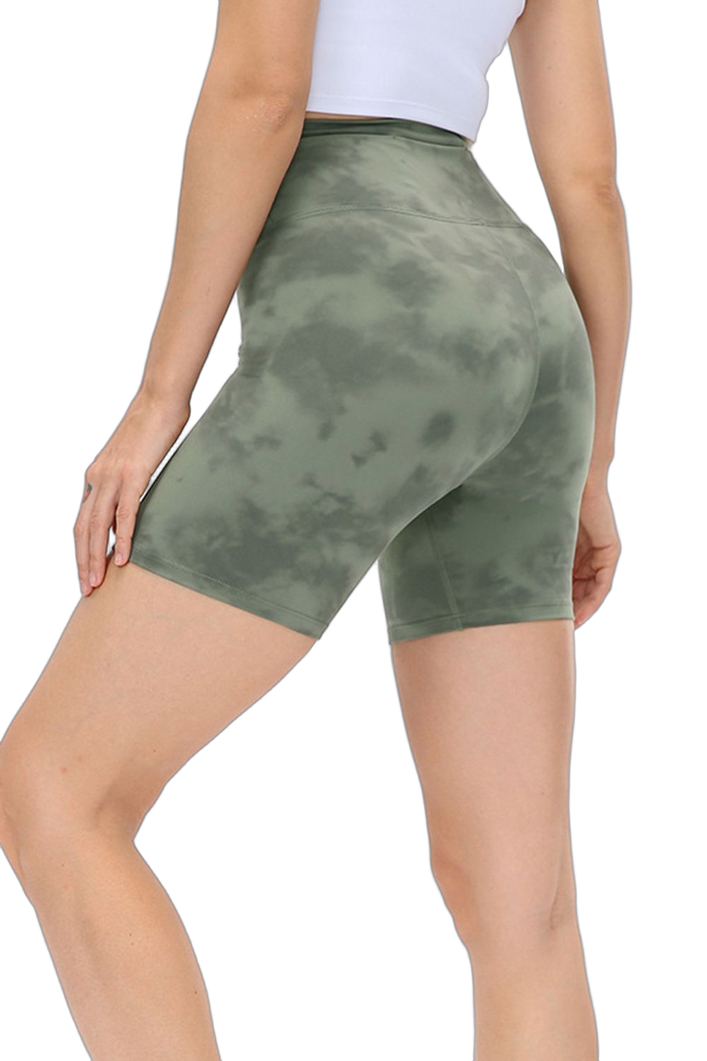 Model wearing high-waist matcha green tie-dye biker shorts, back and side view showing wide waistband