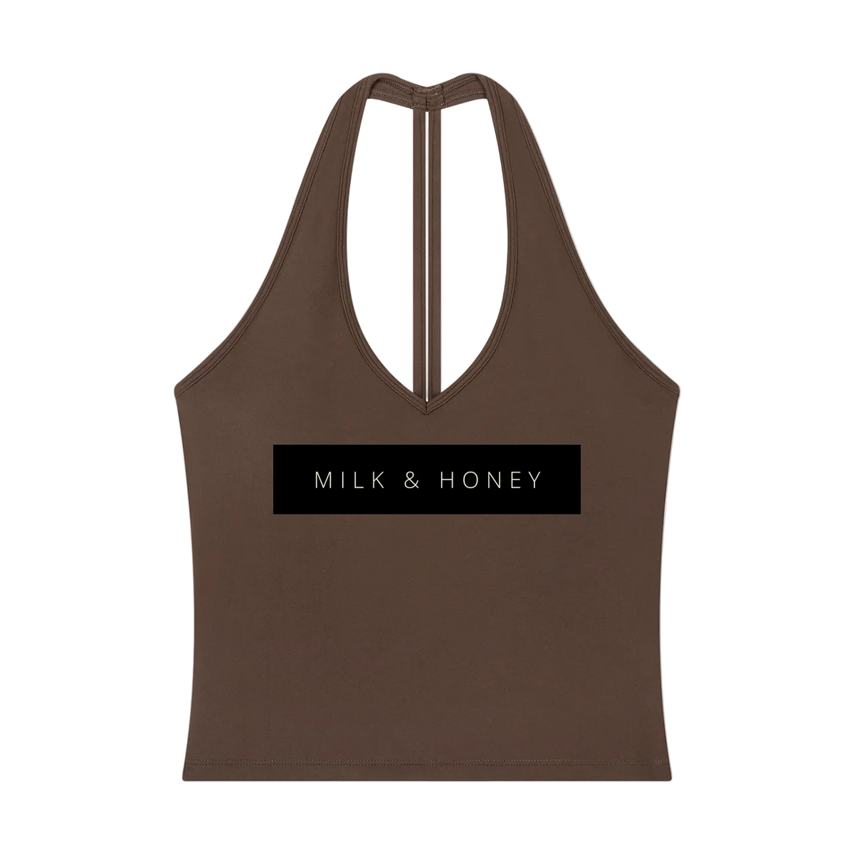 Brown halter V-neck cropped tank with narrow center-back strap and black rectangular 'MILK & HONEY' print across chest