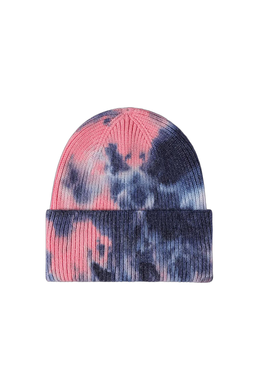 Rib-knit cuffed beanie with pink and navy tie-dye pattern and folded cuff on black background