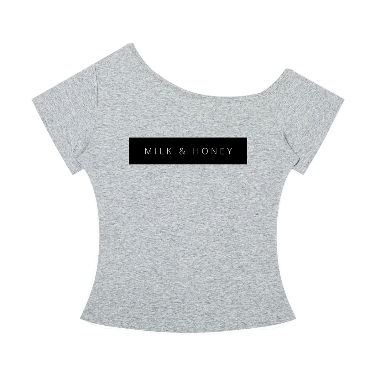 Heather gray off-the-shoulder women's T-shirt with short sleeves and black rectangular chest print reading MILK & HONEY