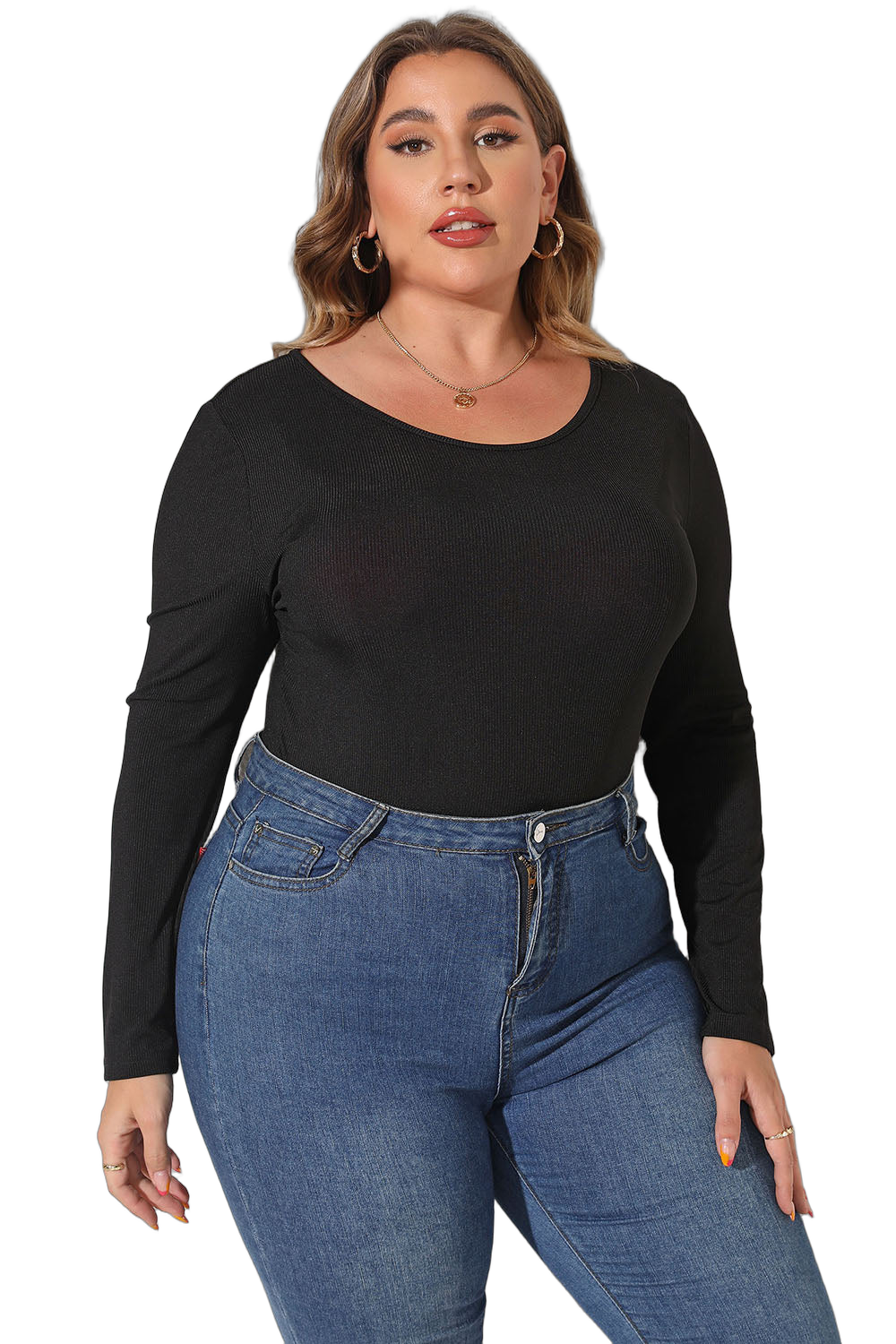 Plus-size model wearing a black long-sleeve round-neck bodysuit tucked into high-waist blue jeans, gold hoop earrings.