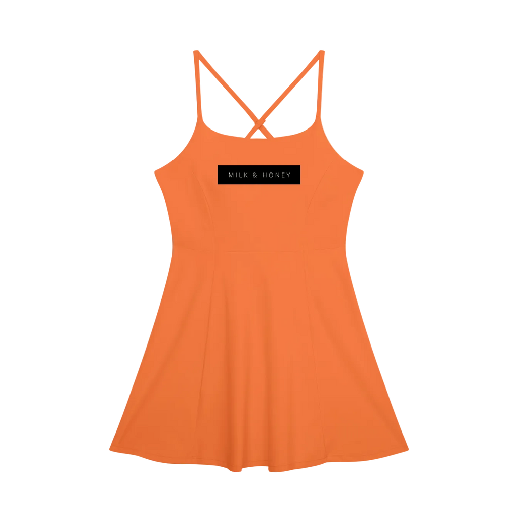 Sleeveless A-line dress with thin crisscross back straps and black MILK & HONEY chest label