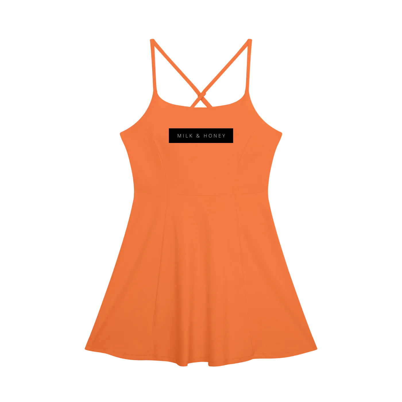 Sleeveless A-line dress with thin crisscross back straps and black MILK & HONEY chest label