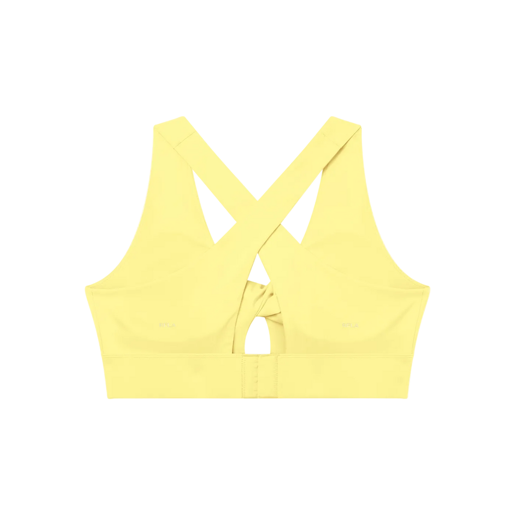 Back view of light yellow sports bra with wide crisscross straps, central twist cutout and hook-and-eye band
