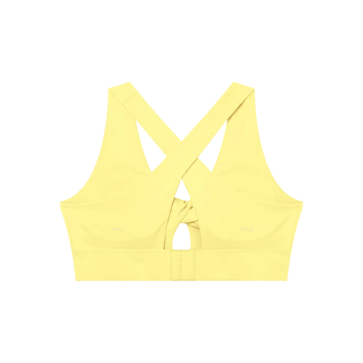 Back view of light yellow sports bra with wide crisscross straps, central twist cutout and hook-and-eye band
