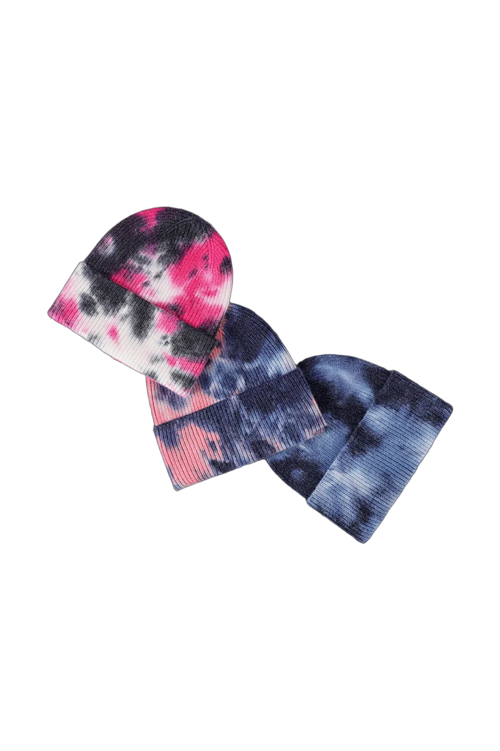 Three cuffed rib-knit tie-dye beanies on black background: pink/black/white, pink/blue, and navy/white