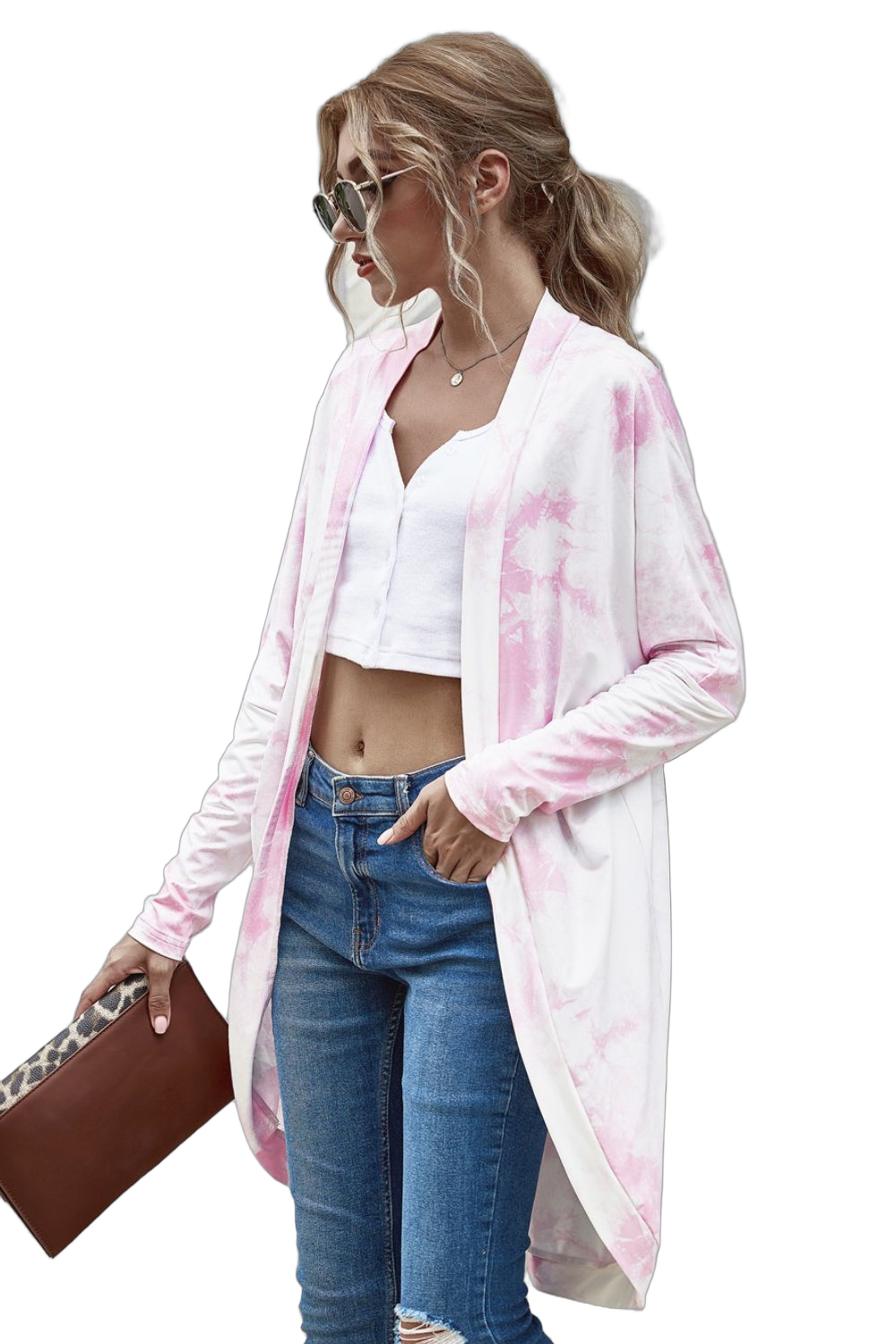 Long open-front longline cardigan with pink tie-dye, long sleeves and high-low hem over white crop top and jeans