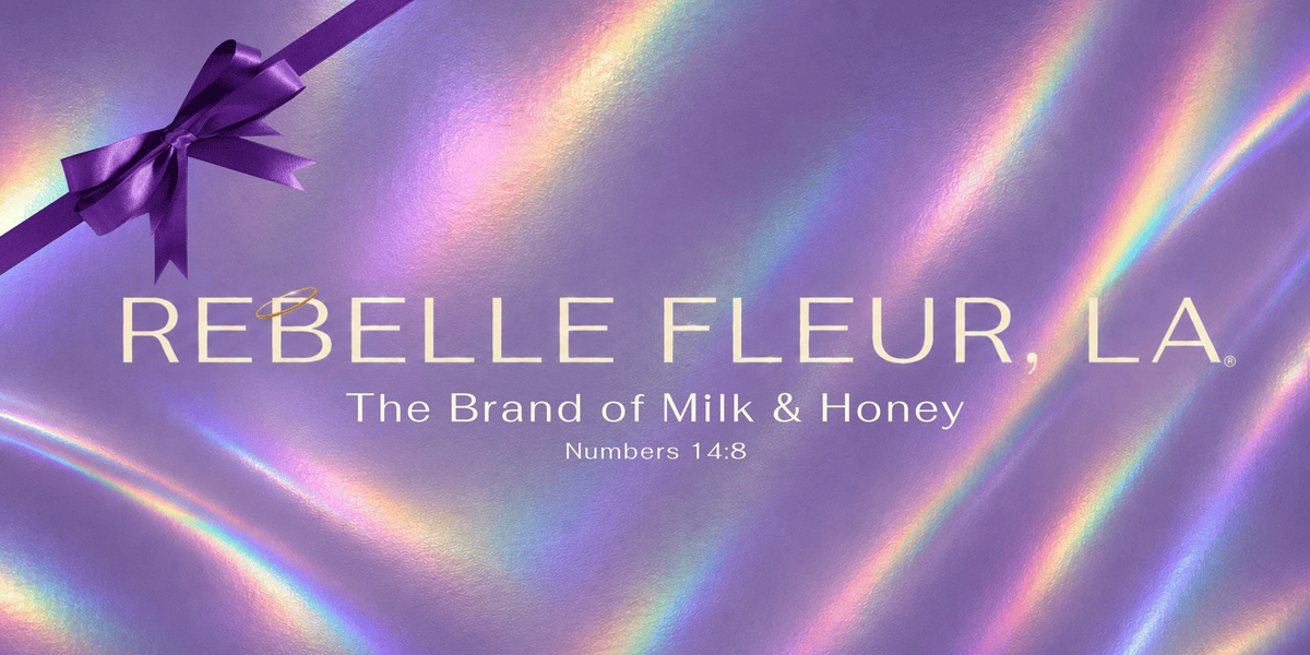 Purple iridescent background with diagonal purple ribbon and bow at top-left; bold 'REBELLE FLEUR, LA' title and 'The Brand…