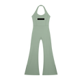 Halter-neck sleeveless flared jumpsuit in gray-green with high waist seam and black 'MILK & HONEY' chest label