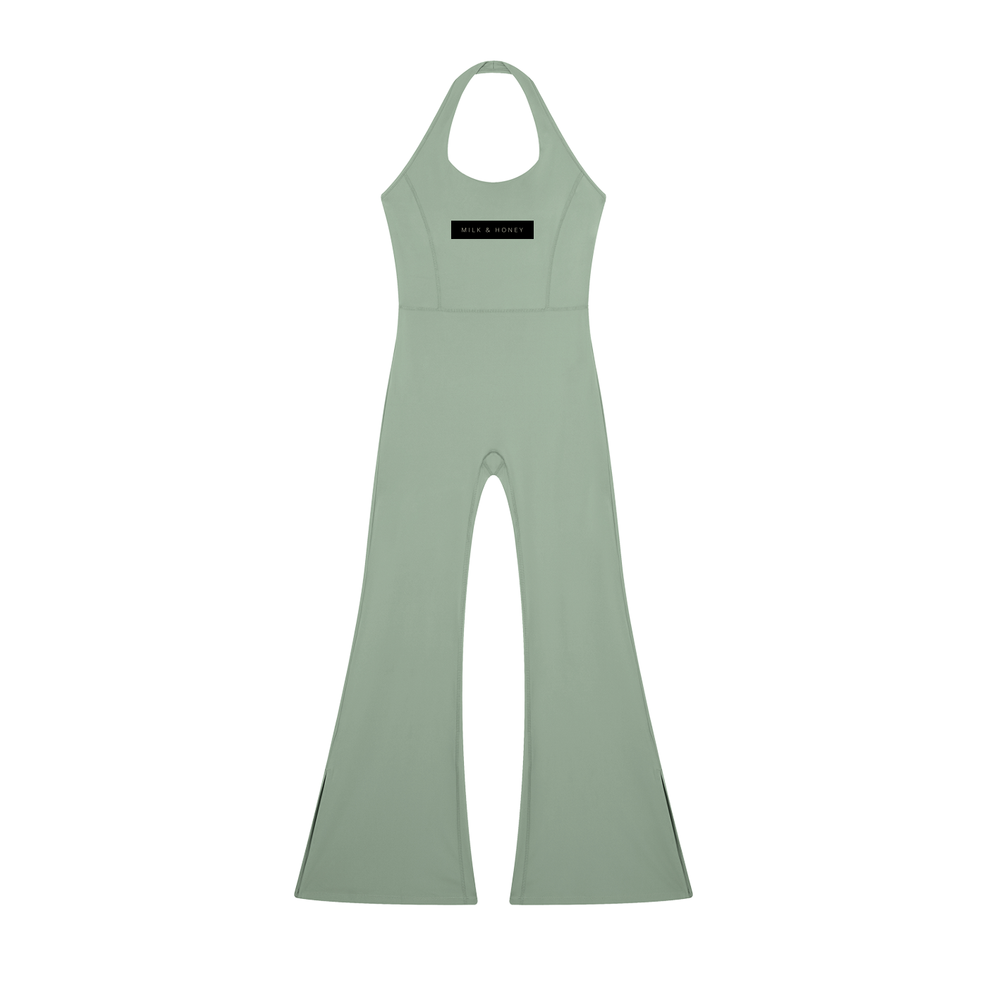 Halter-neck sleeveless flared jumpsuit in gray-green with high waist seam and black 'MILK & HONEY' chest label