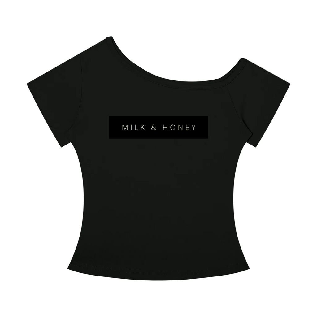 Black off-the-shoulder women's T-shirt with centered rectangular 'MILK & HONEY' text print