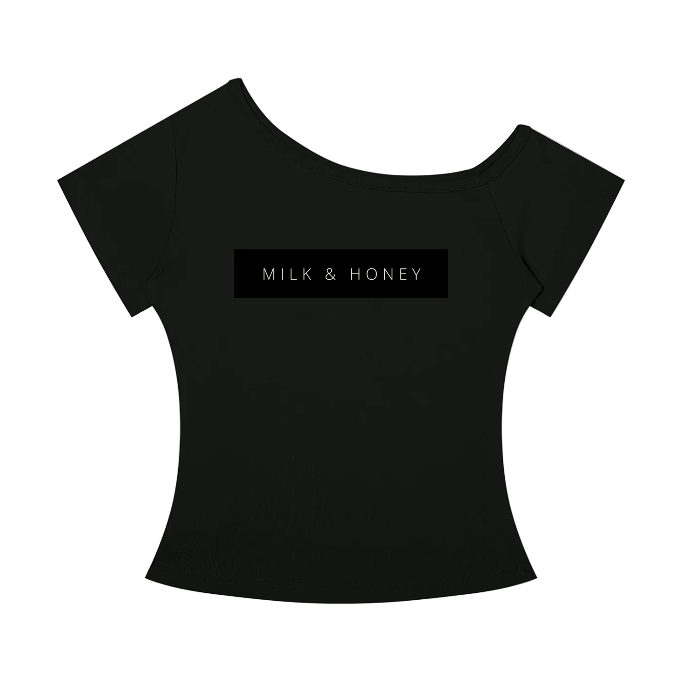 Black off-the-shoulder women's T-shirt with centered rectangular 'MILK & HONEY' text print