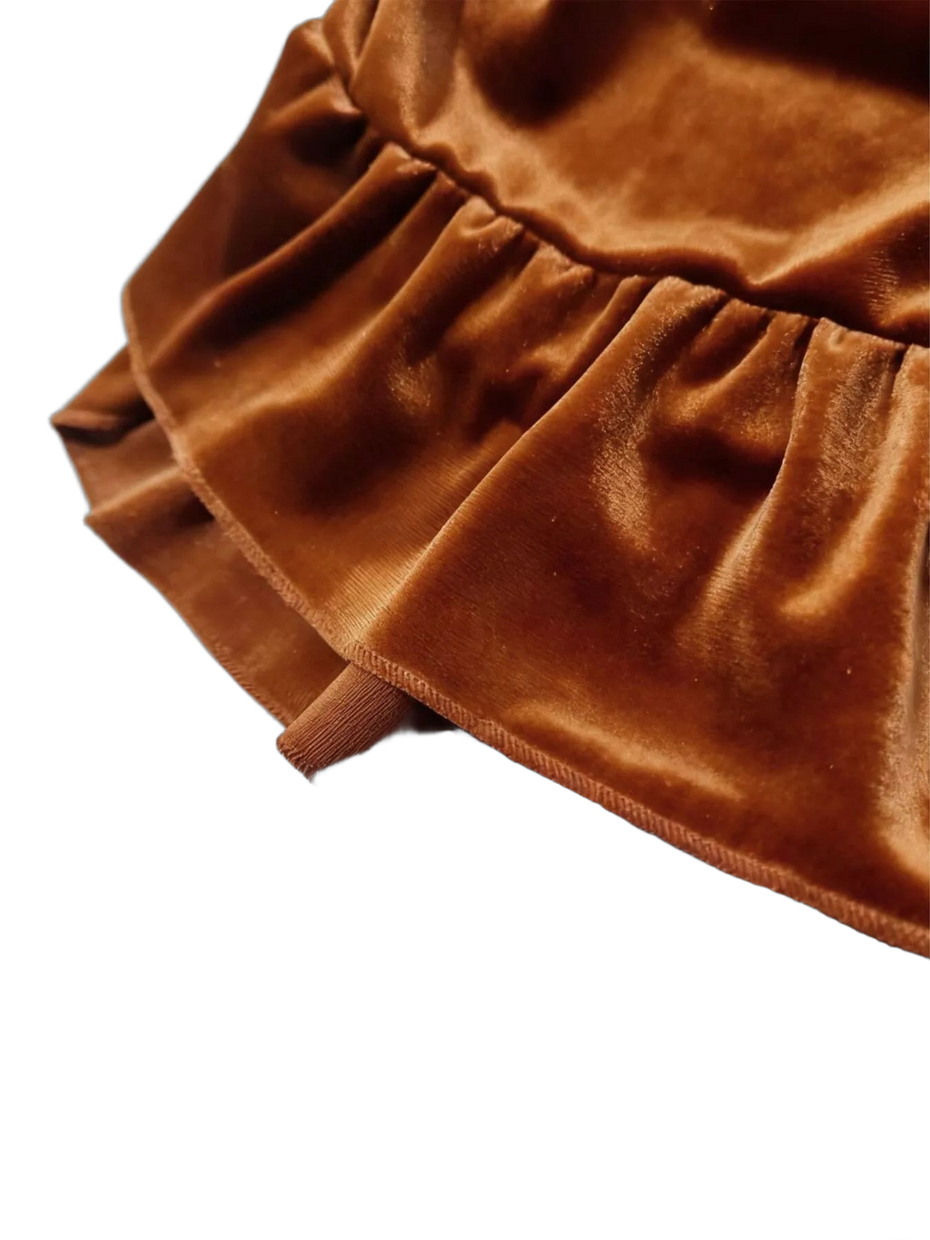 Caramel velvet fabric with gathered ruffle tiers and stitched hem