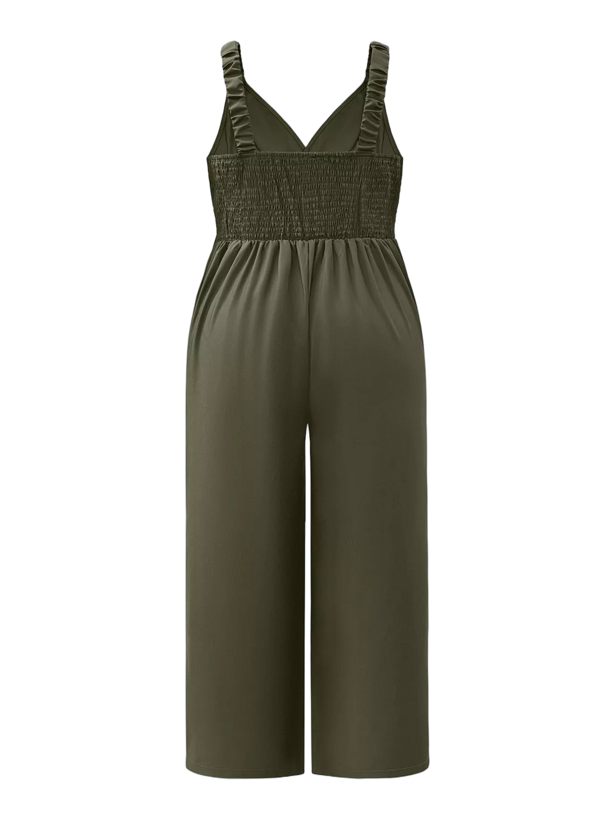 Back view army green smocked jumpsuit with ruched shoulder straps and wide-leg pants