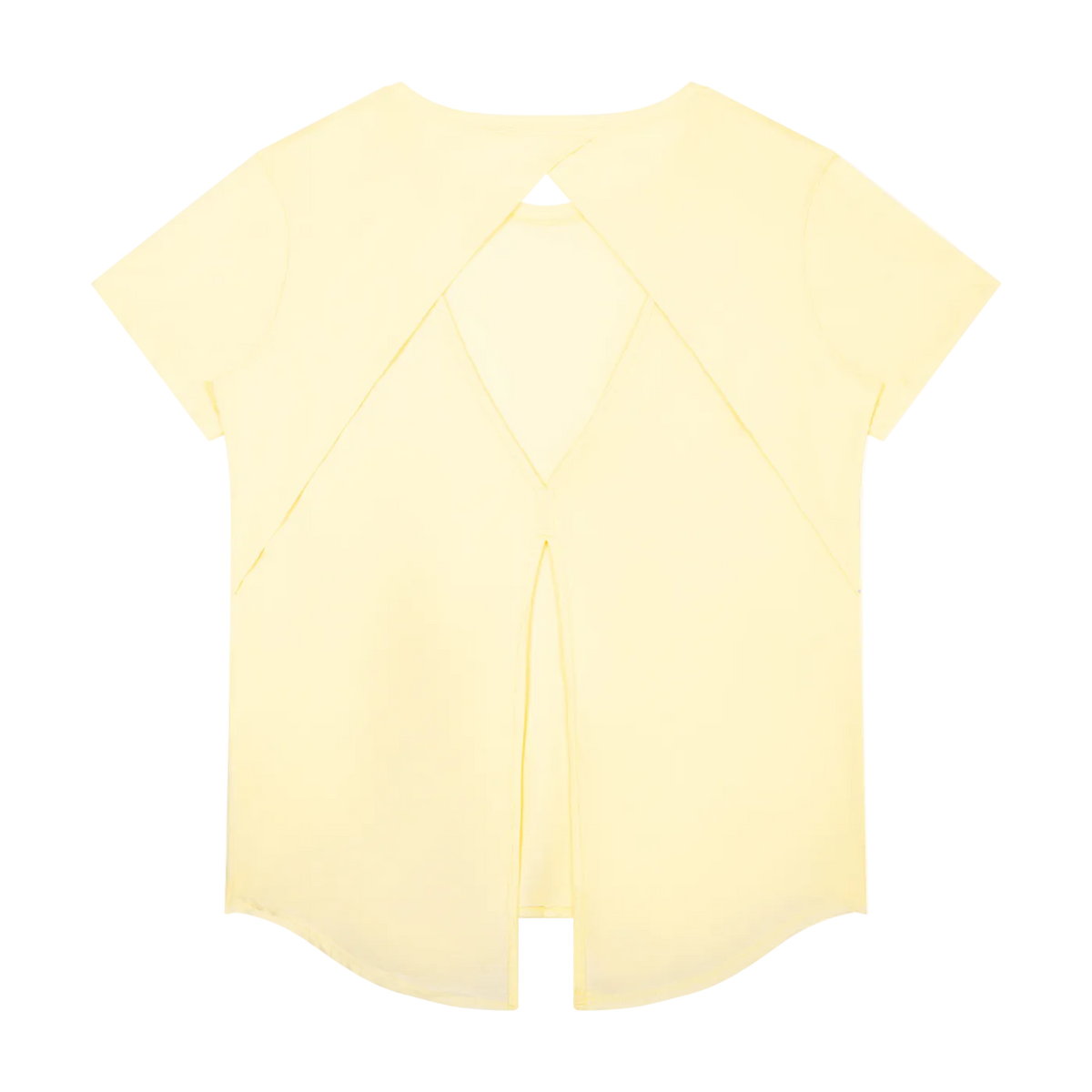 Yellow short-sleeve T-shirt back with triangular upper cutout, overlapping V-shaped panels and center back slit