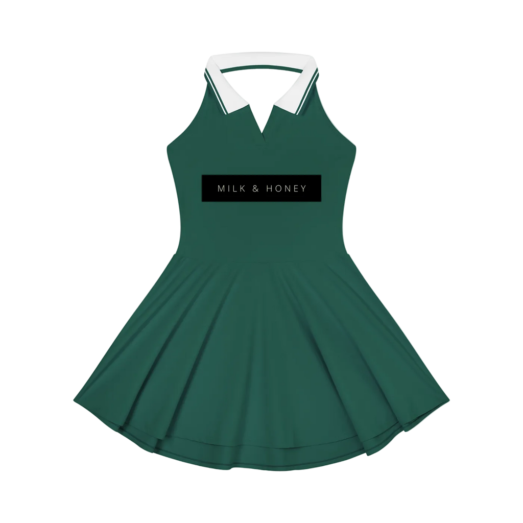 Sleeveless halter A-line dress with white collared neckline, fitted bodice, 'MILK & HONEY' chest panel and flared skirt
