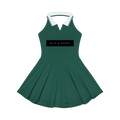 Sleeveless halter A-line dress with white collared neckline, fitted bodice, 'MILK & HONEY' chest panel and flared skirt
