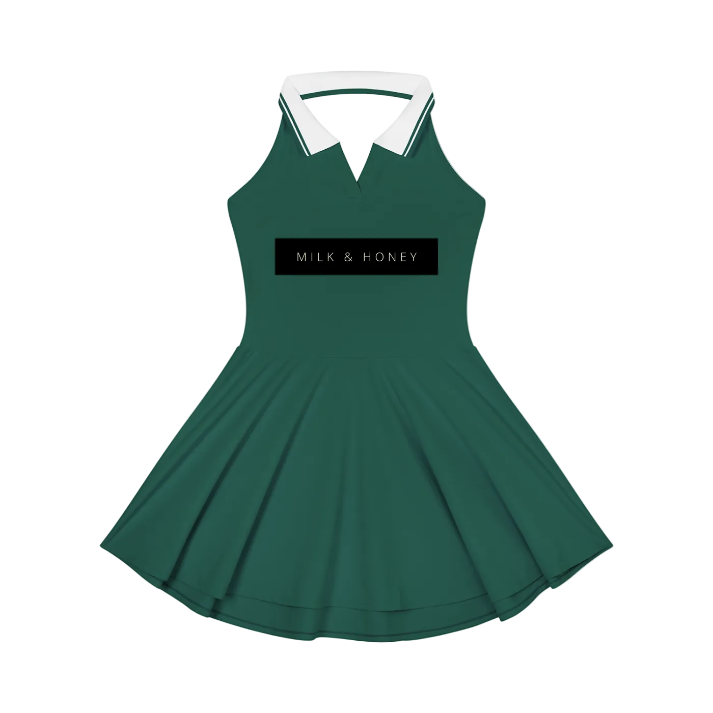 Sleeveless halter A-line dress with white collared neckline, fitted bodice, 'MILK & HONEY' chest panel and flared skirt