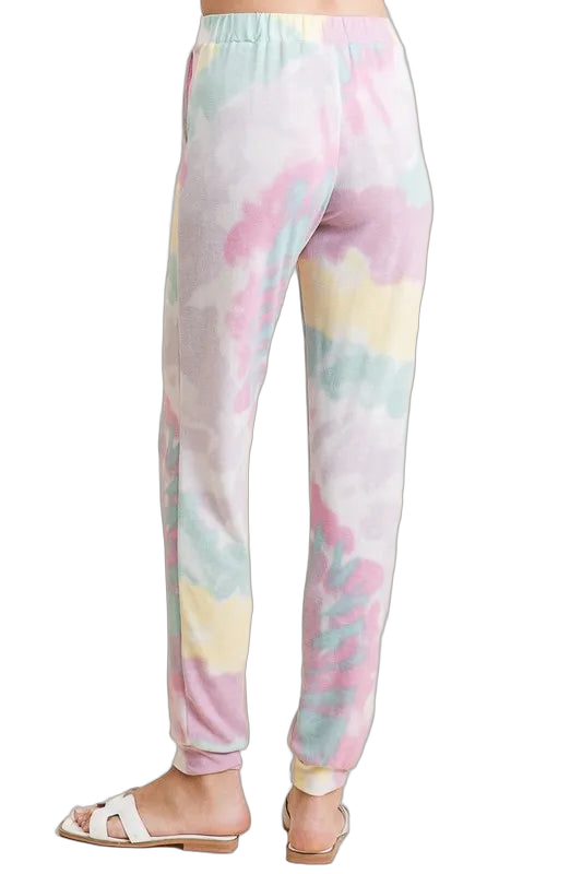 Pastel lavender multi tie-dye casual pants, elastic waistband, side pockets, and ribbed ankle cuffs.